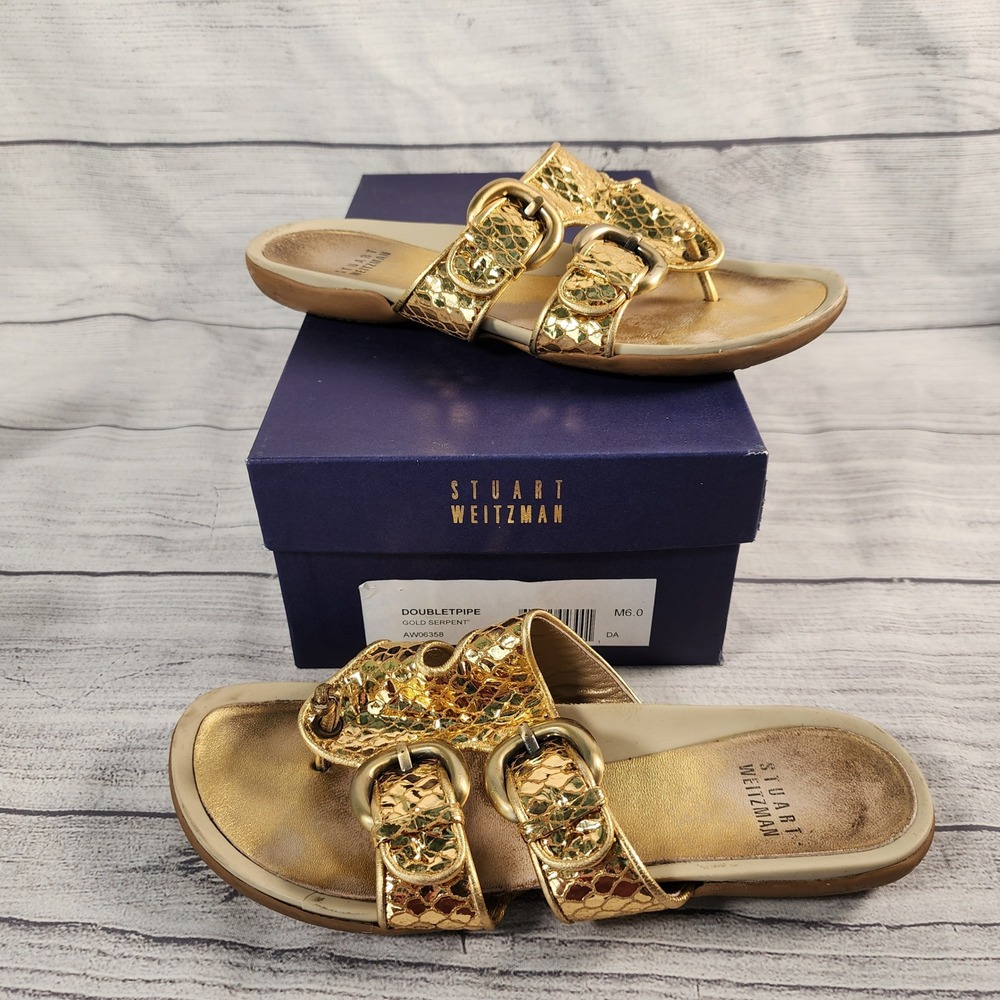 Stuart Weitzman Doublepipe 6 Gold Serpent Metallic Leather Slide Sandals AW06358